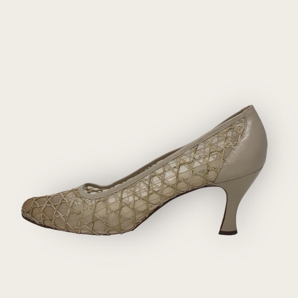 Charles Jourdan Nude Beige & Gold Mesh Heels Pumps Size 8.5AA